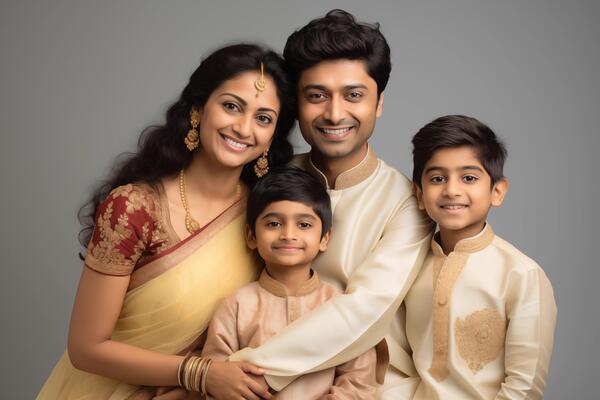 ai-generated-illustration-portrait-of-beautiful-indian-family-parents-with-kids-on-studio-background-photo
